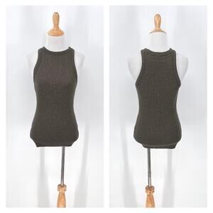 ENZA COSTA Ribbed Cashmere Racer Tank Womens Medium Green Brown NEW